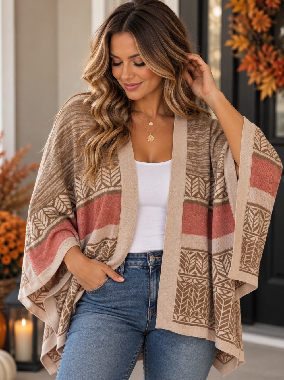 Forever 21 Beige and Rust Patterned Open-Front Cardigan